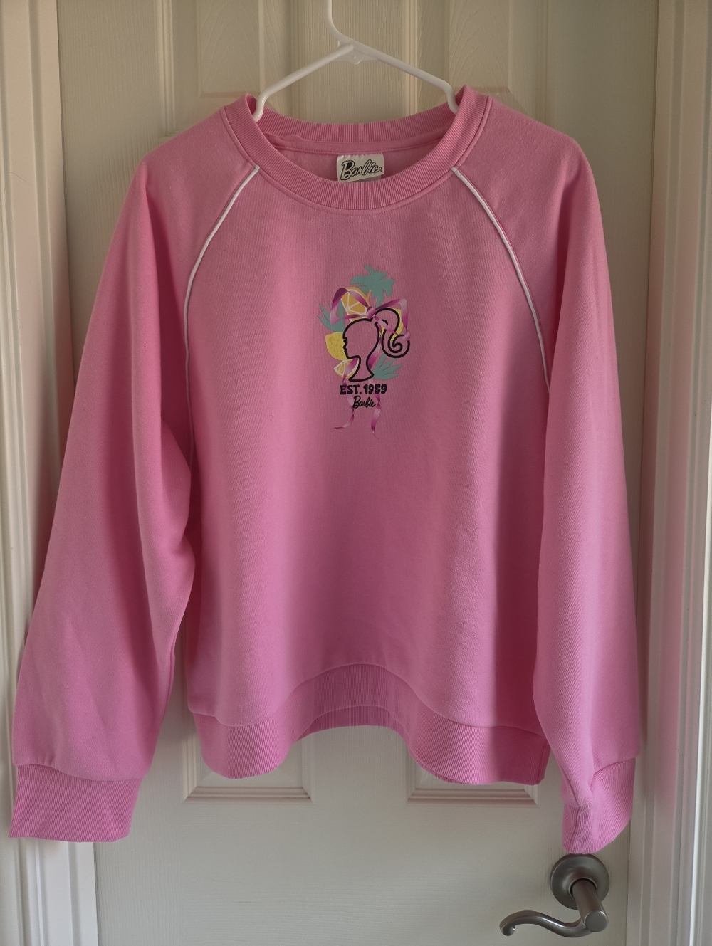 Barbie Official Mattel Pink Graphic Sweatshirt‎ Est. 1959 Malibu Profile Logo L